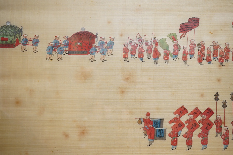Chinese School, Figural processions, pair of watercolours on silk, 26 x 64cm